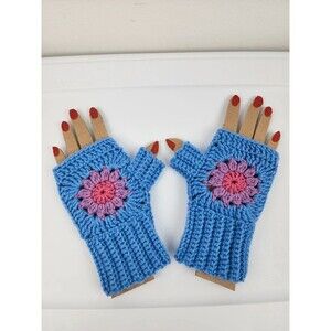 Brand New handmade blue crochet fingerless gloves purple pink flower